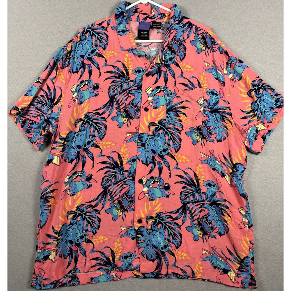 Disney Stitch Tropical Floral Button Down Shirt XXL Pink Hawaiian Short Sleeve